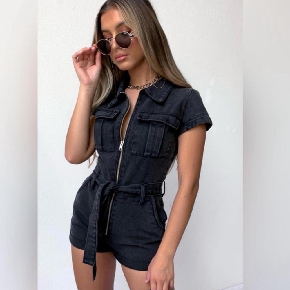 White Fox Black Denim Romper - Size XS